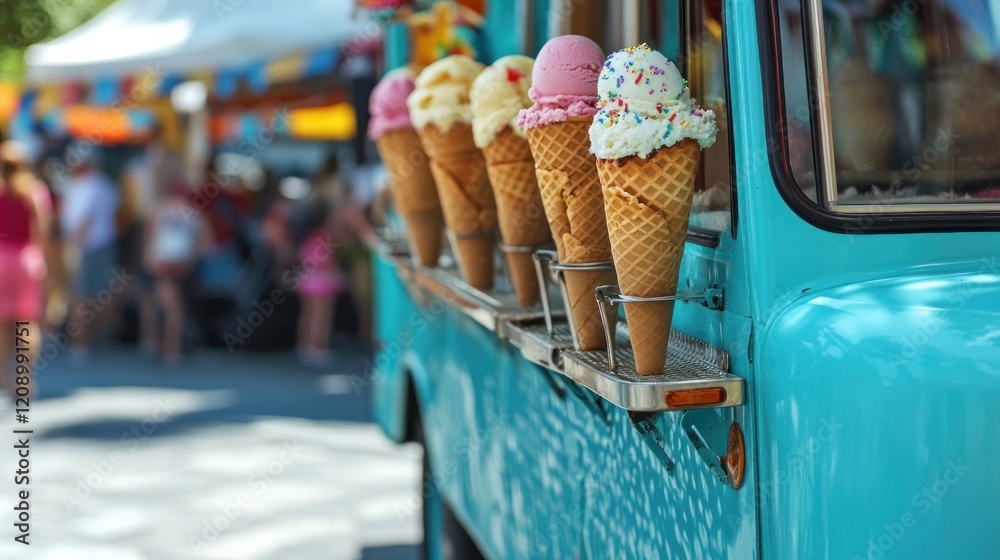 Ice cream cones lined up on a blue truck with a blurred background of people and tents Ice cream cones lined up on a blue truck with a blurred background of people and tents