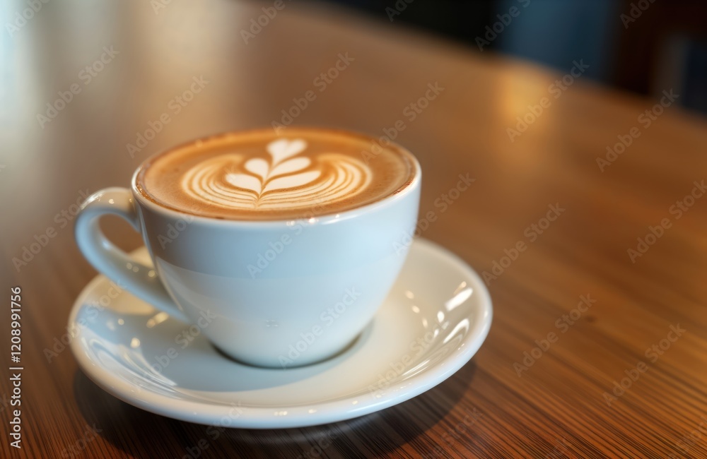 A warm hot drink latte sits on a cafe table. Flower shape design on the top. No people in the photo. Relaxing coffee moment at cozy cafe. Stylish coffee cup design. A warm hot drink latte sits on a cafe table. Flower shape design on the top. No people in the photo. Relaxing coffee moment at cozy cafe. Stylish coffee cup design.