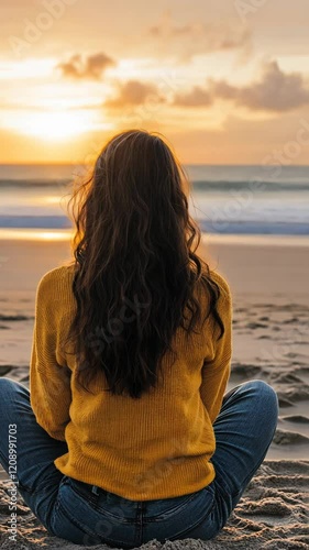 Woman watches sunset over ocean while seated on sandy beach, enjoying peaceful moment