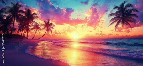 Tropical Beach Sunset with Palm Tree Silhouettes in Warm Vintage Colors