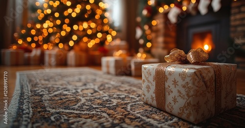 Christmas Tree with Gifts Presents and Fireplace in Cozy Interior with Warm Lights and Decorations photo