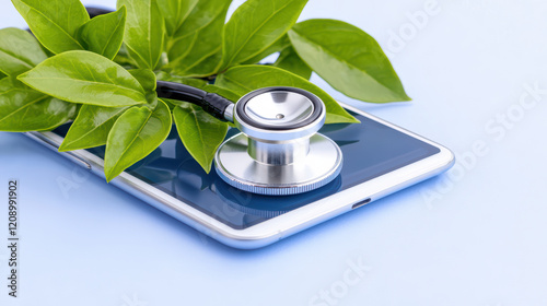 st oscope rests on smartphone surrounded by green leaves, symbolizing health photo