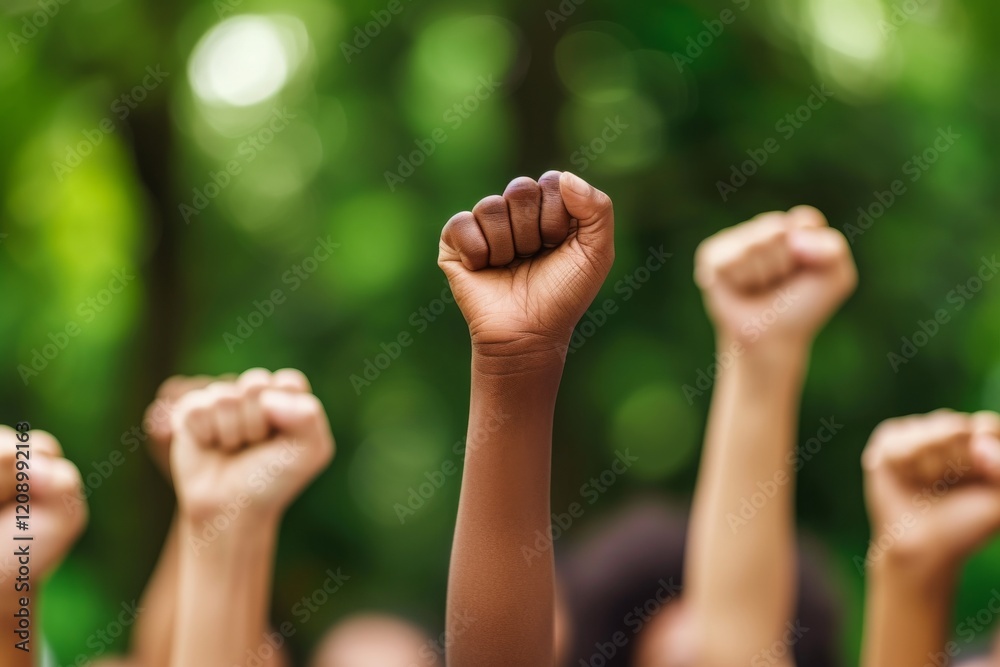 Fists raised in unity for equality during a peaceful gathering, symbolizing strength and resilience in the fight for justice, set in a natural environment filled with greenery Fists raised in unity for equality during a peaceful gathering, symbolizing strength and resilience in the fight for justice, set in a natural environment filled with greenery