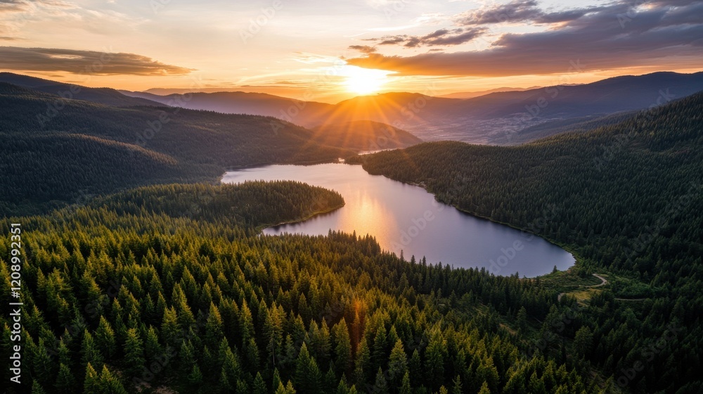 Naklejka premium Stunning sunset over lake mountainous landscape nature peaceful environment aerial view serenity and reflection