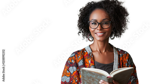 smiling Black woman with curly hair and glasses holds an open book wears orange and white patterned jacket isolated on transparent background