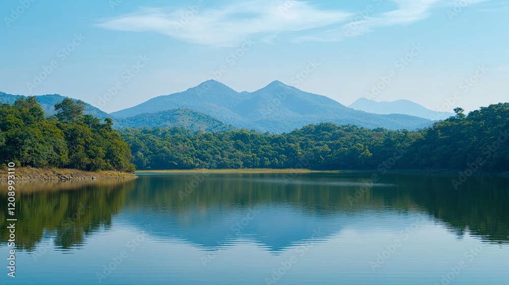 Scenic view of mountains and green forest reflection in shiny lake of nature reserve. Scenic view of mountains and green forest reflection in shiny lake of nature reserve.