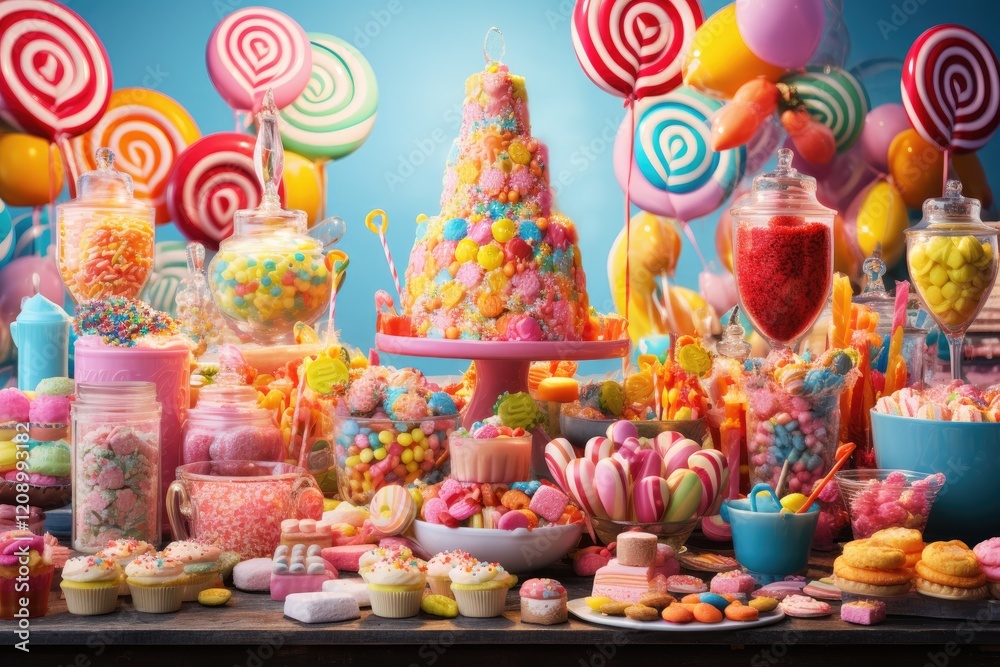 Naklejka premium A vibrant party table filled with colorful sweets, candies, cupcakes, and a cake tower, perfect for celebration during a joyful gathering with friends and family
