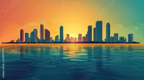 Wallpaper Mural Vibrant Coastal Cityscape With Skyscrapers Reflecting in Water During Sunset Torontodigital.ca