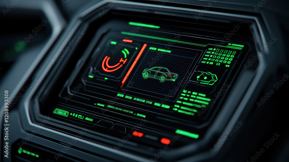Close up of autonomous vehicle interface displaying data and graphics Close up of autonomous vehicle interface displaying data and graphics