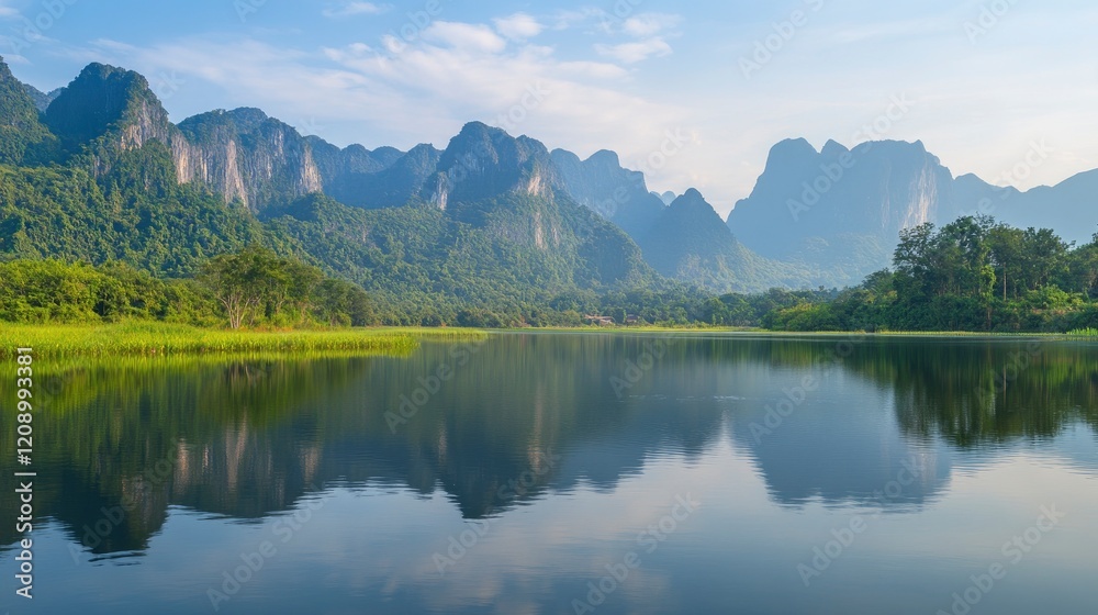 Scenic view of mountains and green forest reflection in shiny lake of nature reserve. Scenic view of mountains and green forest reflection in shiny lake of nature reserve.
