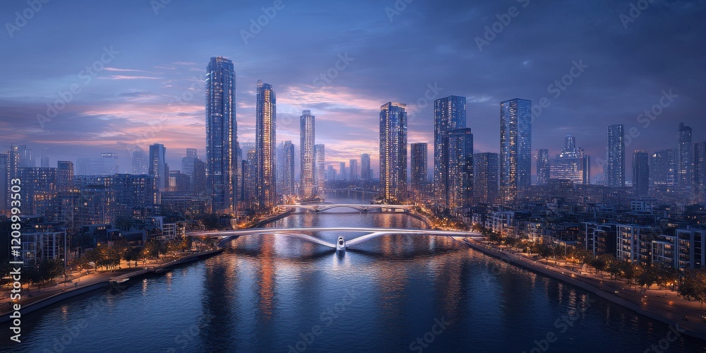 Serene Twilight Over a Modern Skyline: Reflections on Water's Surface Enhance the Architectural Beauty of Tall Buildings and Bridges in an Urban Landscape Serene Twilight Over a Modern Skyline: Reflections on Water's Surface Enhance the Architectural Beauty of Tall Buildings and Bridges in an Urban Landscape