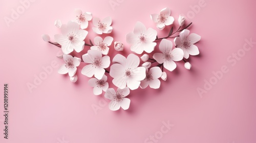 Heart shape composed of white blossoms on a pink background.