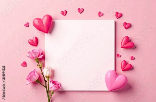 Blank sheet on pink background with hearts and flower. The concept of Valentine Day. Perfect for cards, gifts, and more