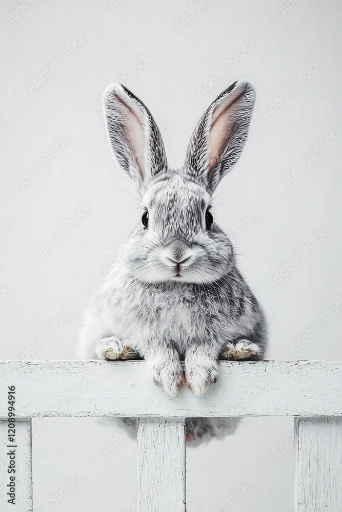 Obraz premium Curious rabbit with soft fur and long ears sitting on a white background ready to hop