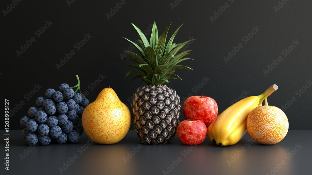 Still life of fresh fruits grapes, pear, pineapple, apples, banana, orange on dark background. Still life of fresh fruits grapes, pear, pineapple, apples, banana, orange on dark background.