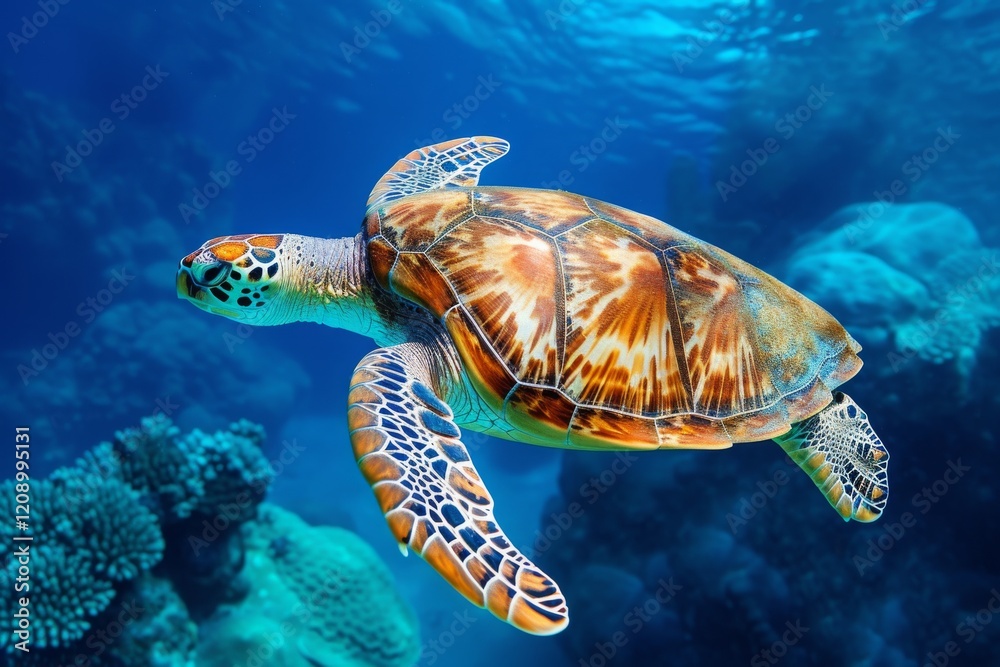 Fototapeta premium A hawksbill turtle gracefully swims through the vibrant depths of a tropical sea, showcasing its colorful shell and intricate patterns among the coral reefs