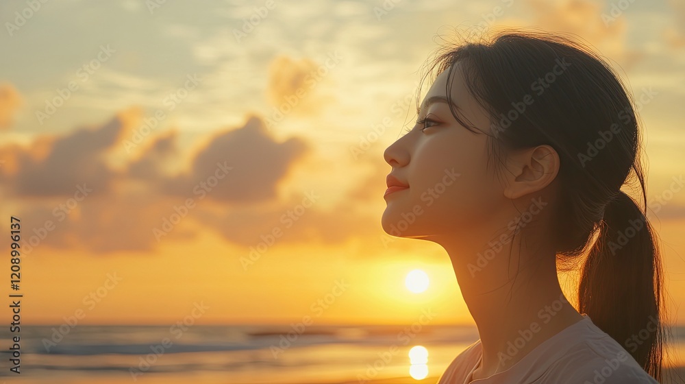 Side view of young asian woman with freedom on the sea beach at golden sunset, Female tourist on seaside summer vacation. Side view of young asian woman with freedom on the sea beach at golden sunset, Female tourist on seaside summer vacation.