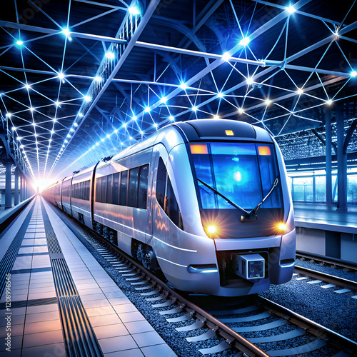 Futuristic High-Speed Train at Night Station Platform photo