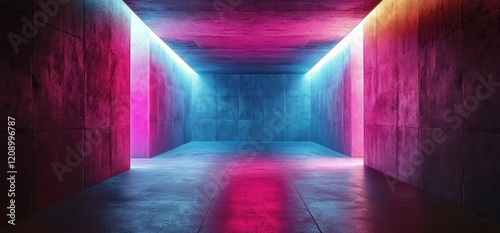 Futuristic Hallway with Neon Lights Minimalist Design Cyberpunk Empty Space 3D Render