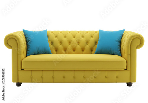 Modern yellow tufted sofa with two blue cushions, isolated on a white background photo