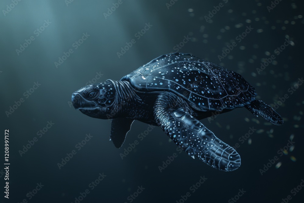 Fototapeta premium A leatherback sea turtle gliding gracefully through the deep ocean waters, illuminated by soft beams of light filtering down from the surface during the peaceful twilight hours