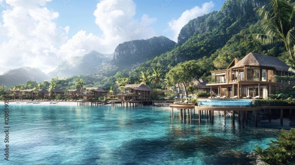 Naklejka premium Luxury Tropical Getaway: Overwater Bungalows and Villas in a Secluded Paradise