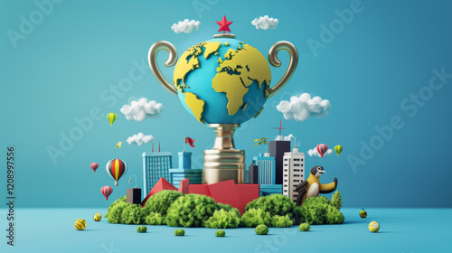 Global Achievement Trophy with Buildings, Clouds and Hot Air Balloons on Blue Background
