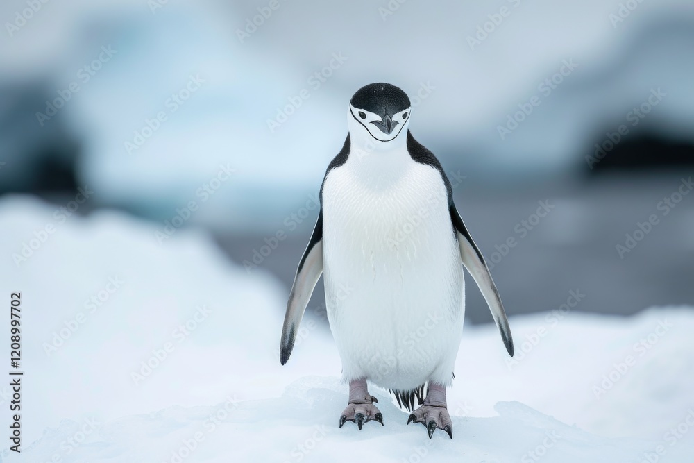 Fototapeta premium Chinstrap penguin stands proudly on ice in Antarctica during the cold season, showcasing its distinctive features in a stunning natural environment