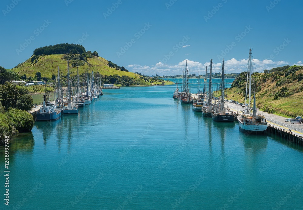Tranquil Harbor Scene with Sailboats Moored Alongside Lush Green Hills and Clear Blue Sky in a Serene Coastal Landscape Tranquil Harbor Scene with Sailboats Moored Alongside Lush Green Hills and Clear Blue Sky in a Serene Coastal Landscape