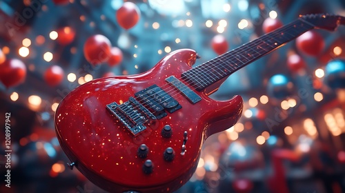 Red electric guitar with bokeh lights.