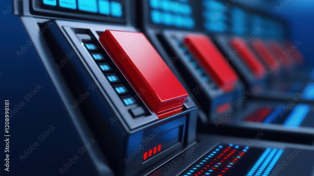 Fototapeta premium Interactive control panel with red buttons and illuminated displays