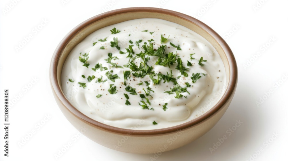 A bowl of creamy ranch dressing with buttermilk, sour cream, mayonnaise A bowl of creamy ranch dressing with buttermilk, sour cream, mayonnaise