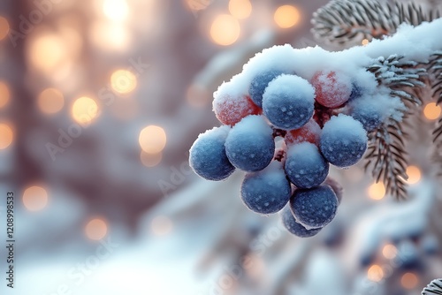 Snow-covered berries on a pine branch with bokeh lights.