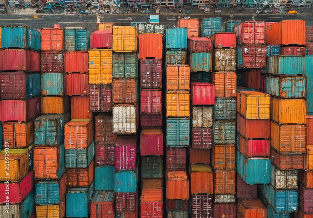 Obraz premium Vibrant Aerial View of Stacked Cargo Shipping Containers in Various Colors at a Busy Port with Cranes and Trucks in the Background