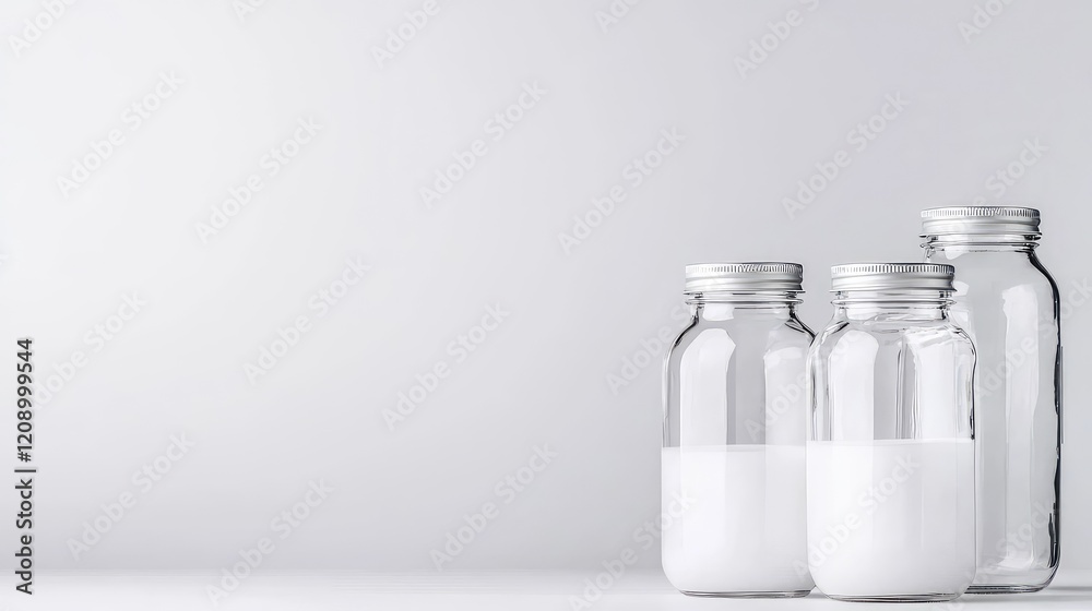 Glass bottles of milk on white background, minimalist product shot, for dairy advertising Glass bottles of milk on white background, minimalist product shot, for dairy advertising