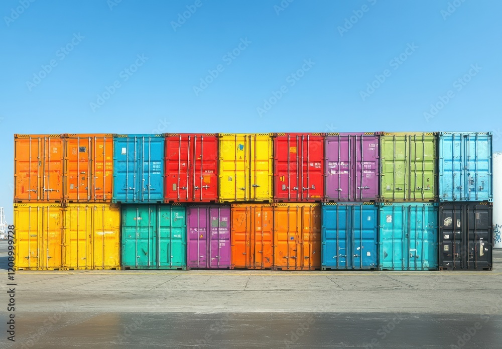 Fototapeta premium Vibrant and Colorful Shipping Containers Stacked at a Port Against a Clear Blue Sky Showcasing a Range of Bright Colors for Urban Industrial Aesthetics