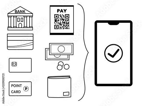 通帳やクレジットカード、ポイントカード機能がスマホに搭載されたイラスト