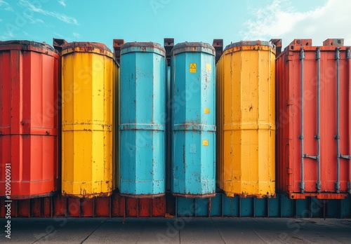 Vibrant Colorful Industrial Drums Stacked in a Row against a Clear Sky Capturing the Essence of Urban Art and Modern Design Elements for Stock Photography photo