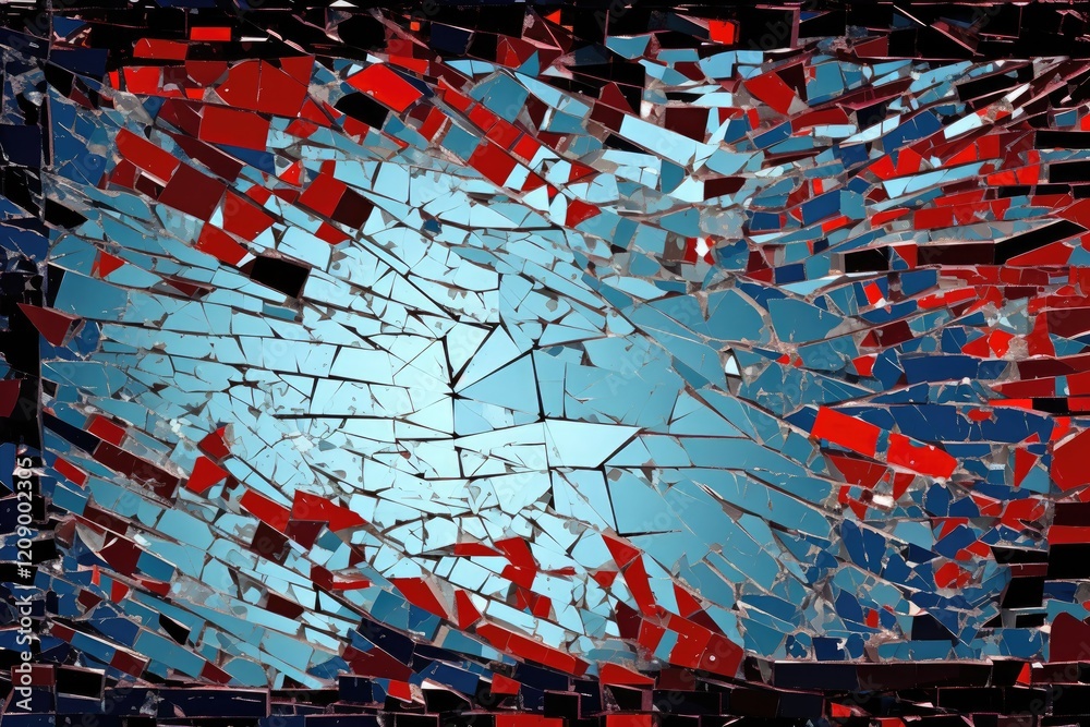 Fototapeta premium An abstract pattern depicting a broken computer screen with fractured glass pieces reflecting shades of blue and red, emphasizing a digital disruption in a modern technological environment