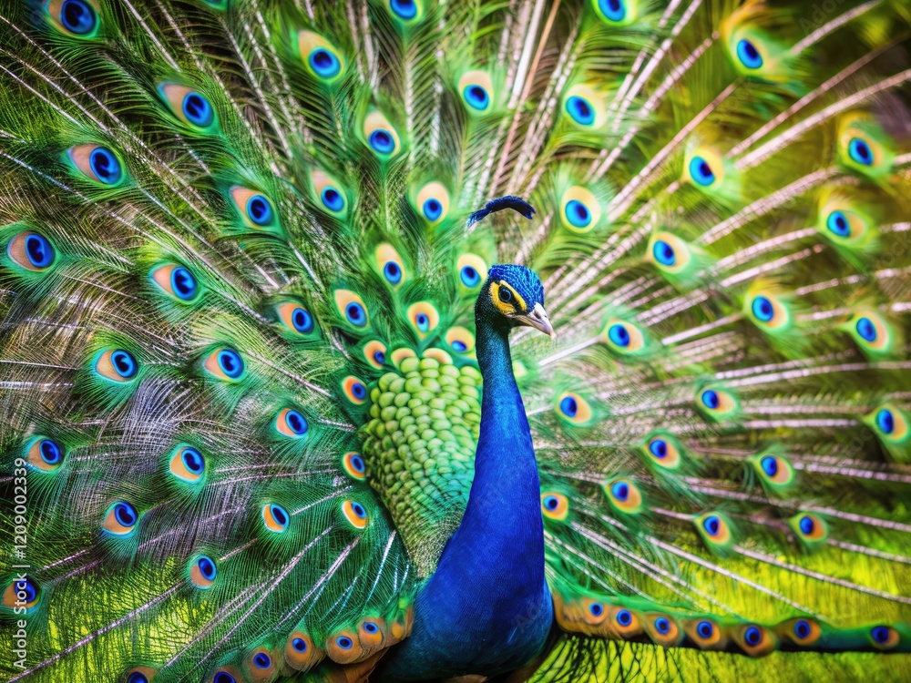 Fototapeta premium Stunning Peacock, Open Tail Feathers, Majestic Bird, Vivid Colors, Nature Photography, Wildlife, Indian Peacock, Bird Photography, Beautiful Peacock