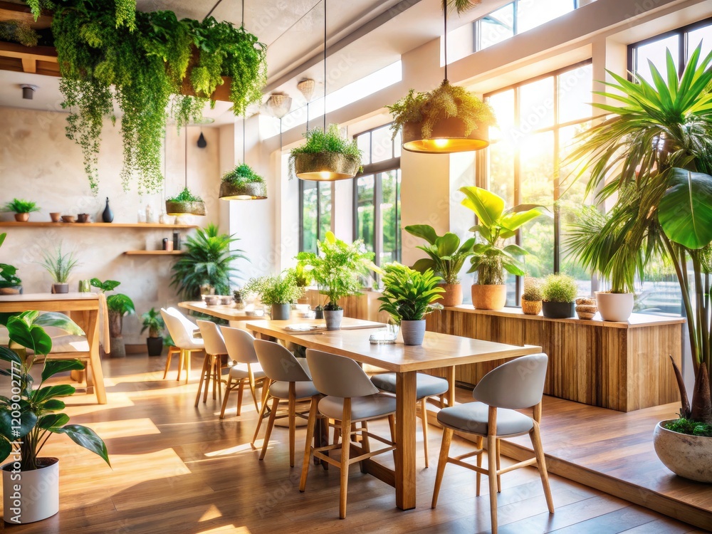 Fototapeta premium Sunlit Minimalist Cafe Interior: Tropical Plants, Wooden Furniture, Marble Counter - Stock Photo