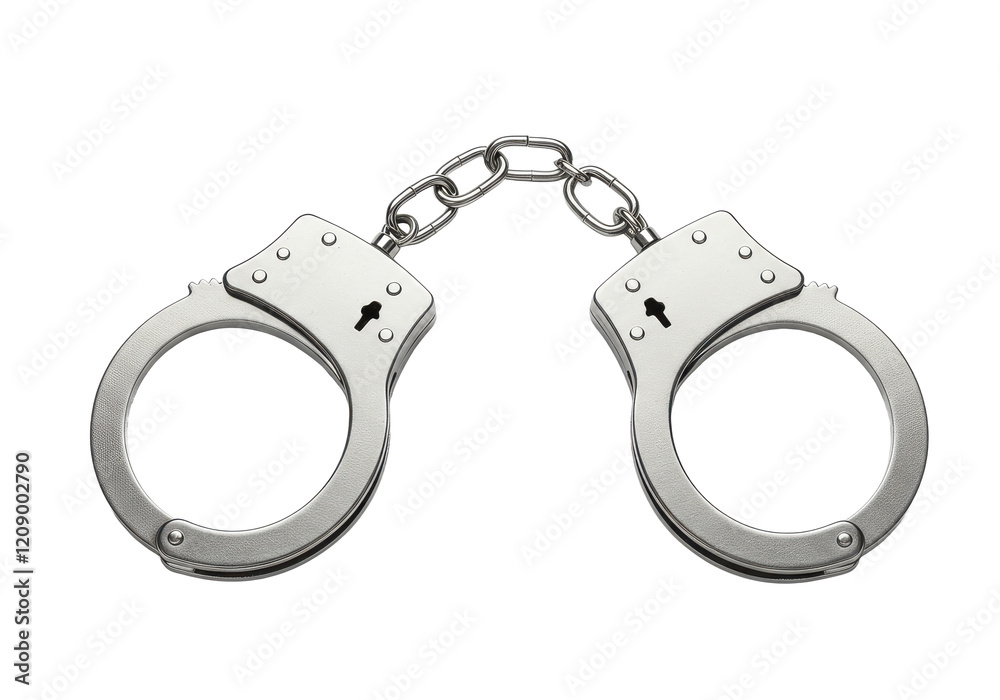 Pair of shiny silver handcuffs with a chain link in the middle, isolated on a white background Pair of shiny silver handcuffs with a chain link in the middle, isolated on a white background