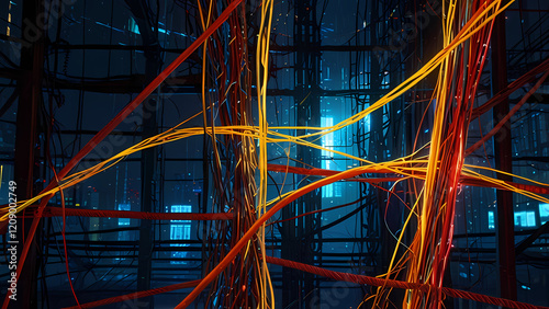 An abstract digital art piece showing tangled power cables in vibrant shades of yellow, blue, and red, with arcs of electricity sparking between them, set against a glowing cyberpunk-inspired grid bac photo