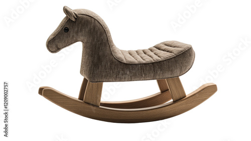 Soft rocking horse on a wooden base in a bright, cozy playroom for children’s enjoyment isolated on transparent background