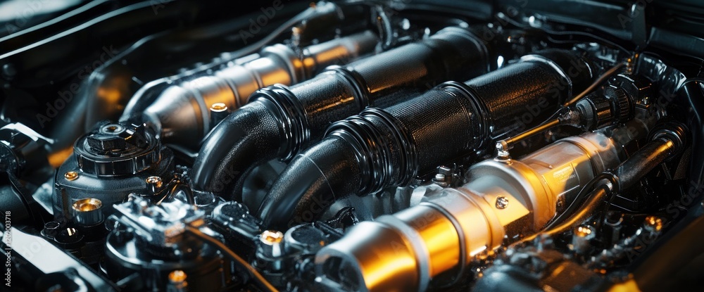 closeup of car engine with intricate tubing and wiring in hyper-realistic style dramatic chiaroscuro lighting showcasing mechanical complexity closeup of car engine with intricate tubing and wiring in hyper-realistic style dramatic chiaroscuro lighting showcasing mechanical complexity