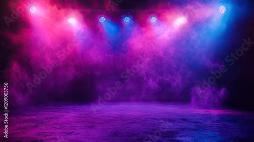 Wallpaper Mural The dark stage shows, purple background, an empty dark scene, neon light, spotlights The asphalt floor and studio room with smoke float up the interior texture for display products. Torontodigital.ca