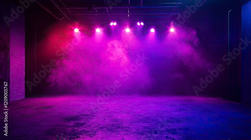 Wallpaper Mural The dark stage shows, purple background, an empty dark scene, neon light, spotlights The asphalt floor and studio room with smoke float up the interior texture for display products. Torontodigital.ca