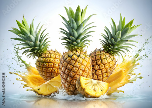 Three juicy pineapples in a splash of water.  A refreshing summer image.