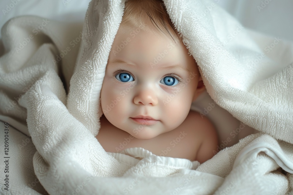 Adorable baby with blue eyes wrapped in a soft towel, enjoying a cozy moment after a warm bath at home Adorable baby with blue eyes wrapped in a soft towel, enjoying a cozy moment after a warm bath at home