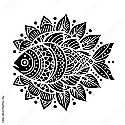 Ornamental Fish Mandala: A striking black and white illustration featuring a fish motif adorned with intricate geometric patterns, reminiscent of a mandala.